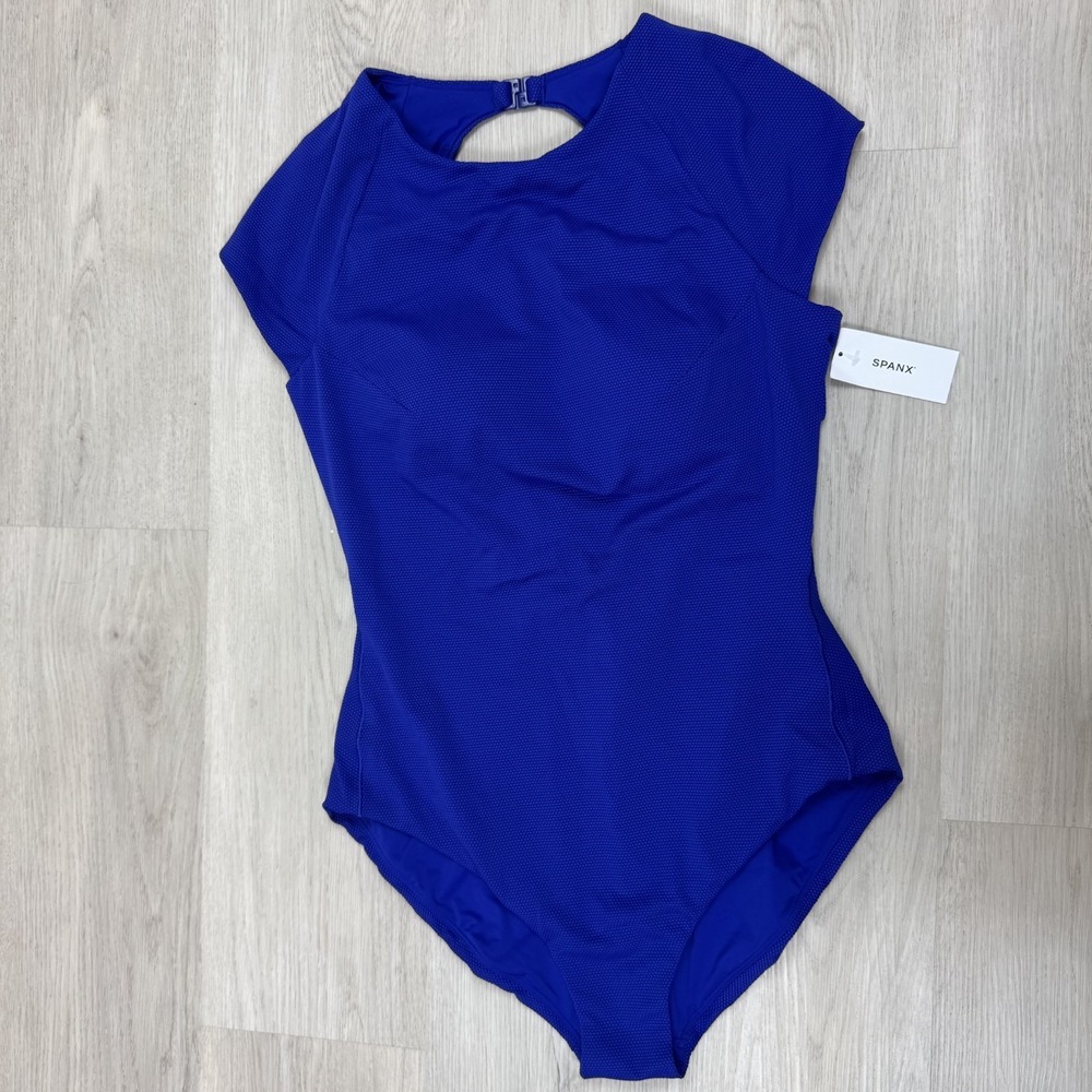 Spanx Pique Shaping High Neck Cap Sleeve One Piece Swimsuit Size XL Azure Blue